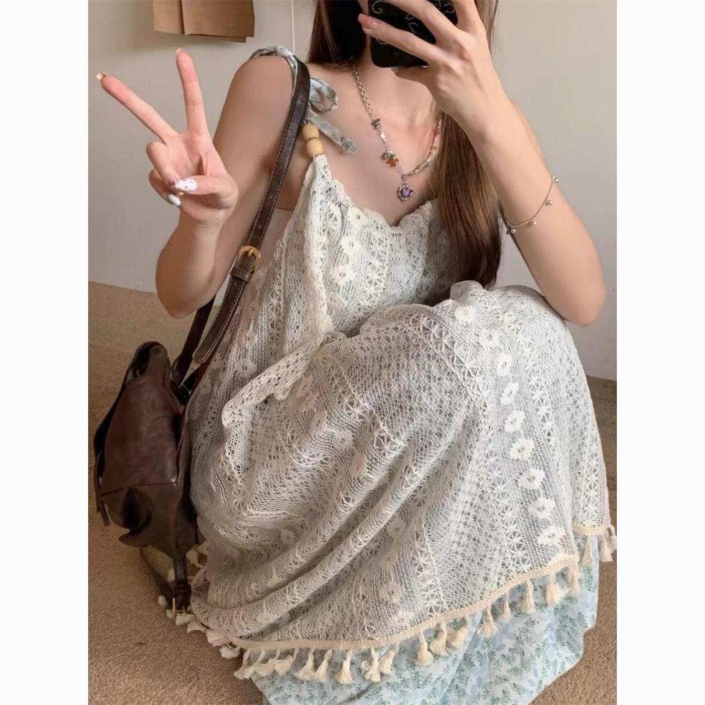 Sweet Retro Floral Lace Tassel Slip Dress for Beach Vacation
