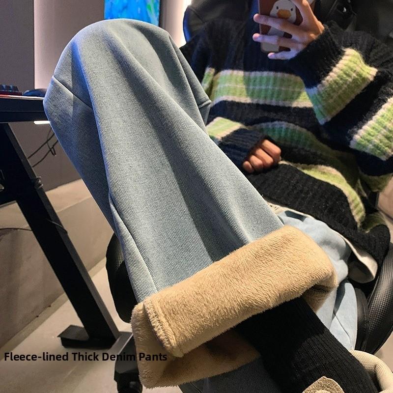 Thickened Fleece Lined High Waist Loose Fits Jeans Womens Winter Straight Leg Wide Leg Trousers