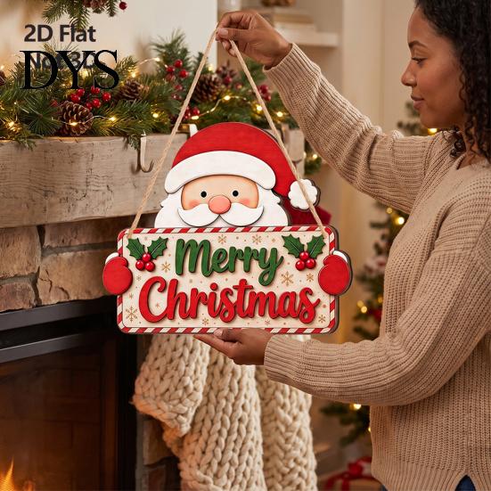 Holiday Party Door Decorations 2D Flat Christmas Wooden Hanger Sign, Santa & Snowman Welcome Claus Hanging Plaque, Merry Front Wall Decor for