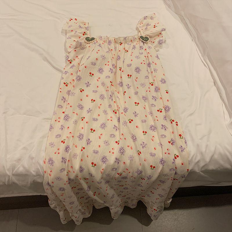 Women's Sweet Fairy Style Thin Cloud Cotton Camisole Nightgown with Built-in Bra for Indoor and Outdoor Wear