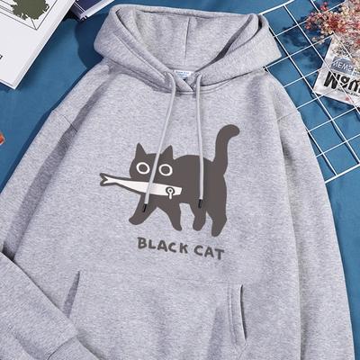 Zabawna bluza z kapturem z czarnym kotem jedzącym rybę Męska Damska Moda Harajuku Bluza Luźna Oversize Streetwear Polar Ciepła Bluzy i Bluzy dla Pary Unisex