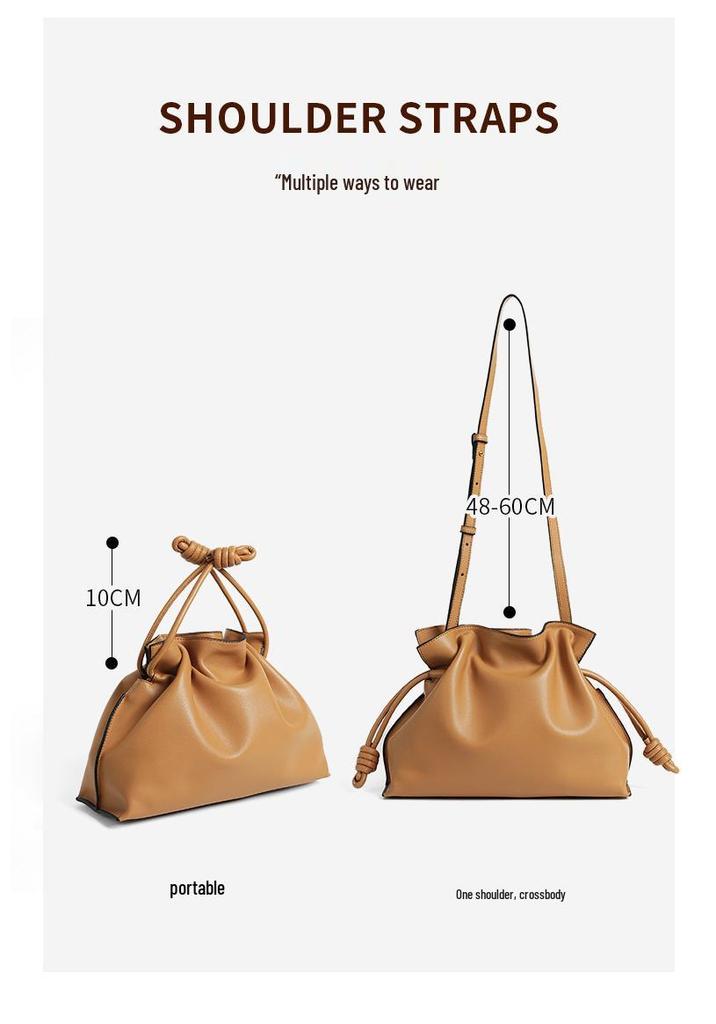 Pleated Cloud Bag: Women's Casual Cowhide Shoulder & Crossbody Bag with Drawstring for Versatile Commuting