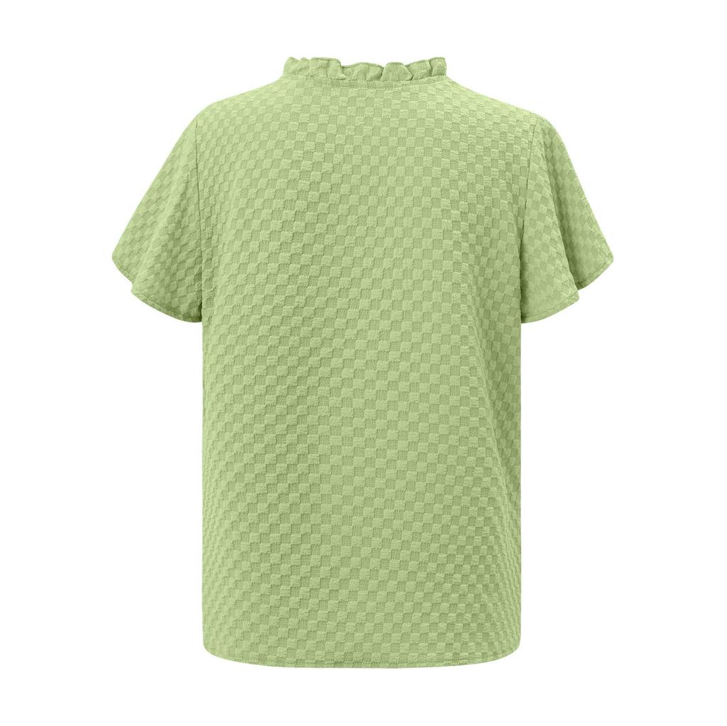 Spring Summer Fresh Casual Women'S Pullover Plaid V-Neck Button Lace Collar Decoration Slim Straight Tube Short Sleeved Top T-Shirt Blouse