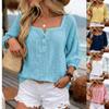 Women Square Neck Linen Blouse Half Button Loose Boho Casual Summer Top