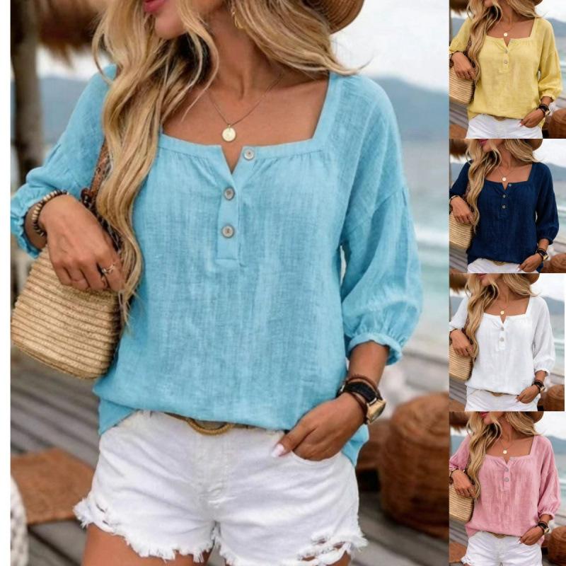 Women Square Neck Linen Blouse Half Button Loose Boho Casual Summer Top