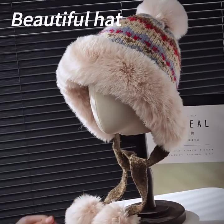 Women's Winter Lei Feng Fair Isle Knit Beanie with Ear Protection