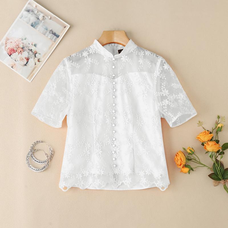 ZANZEA Bluză casual de damă cu guler înalt, mânecă scurtă, patchwork cu broderie din dantelă