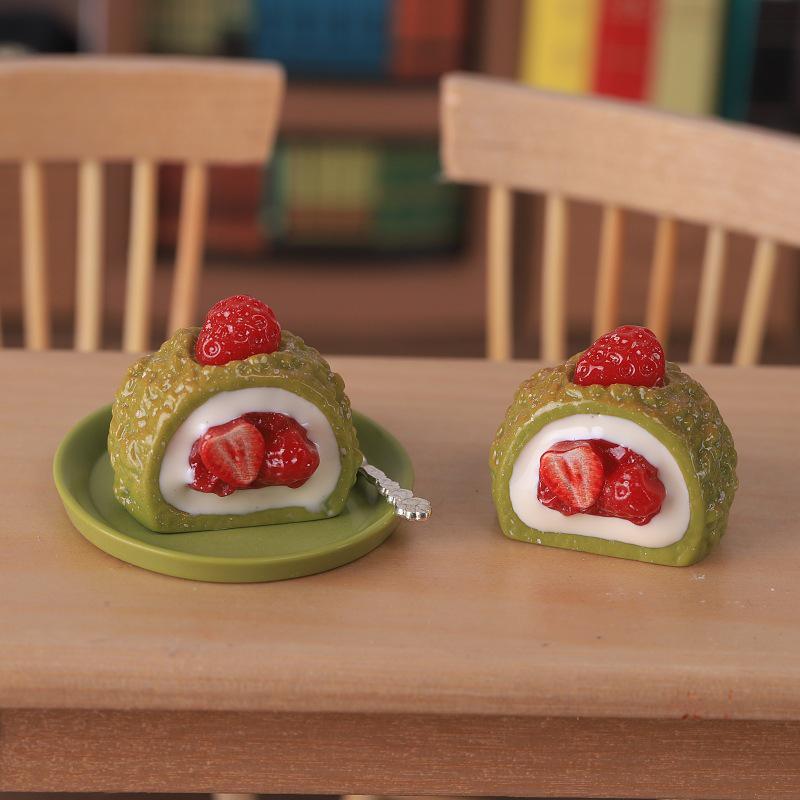 Miniature Strawberry Cream Cake Dollhouse Ornament Keychain Pendant Resin Accessory.