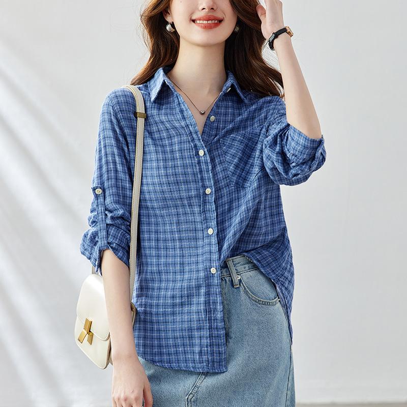 Blue Plaid Shirt Women's Long-sleeved Spring Clothes New Style Literary Plaid Top Temperament Retro Shirt