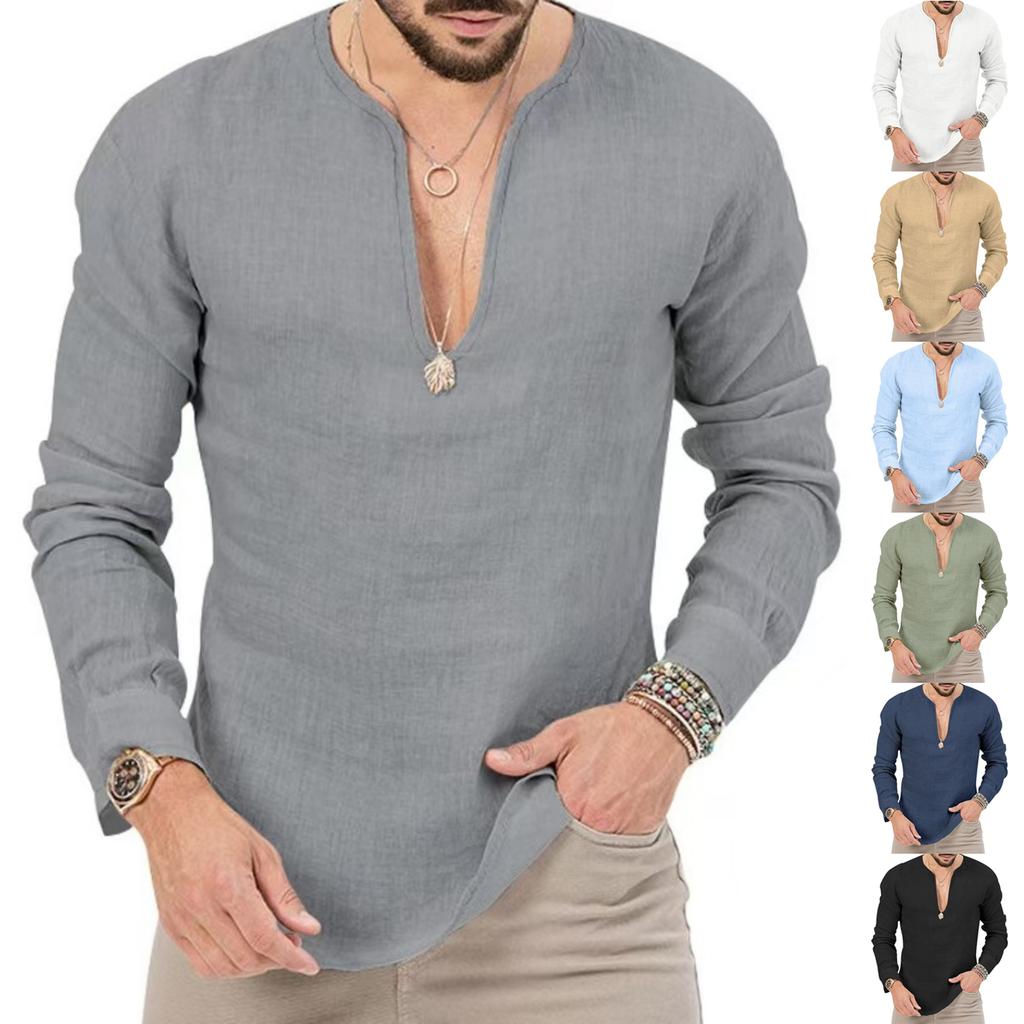 Herren Leinen Langarm T-Shirt, Herren Freizeitjacke, Farbe Tiefes V-Ausschnitt Hemd Für Herren
