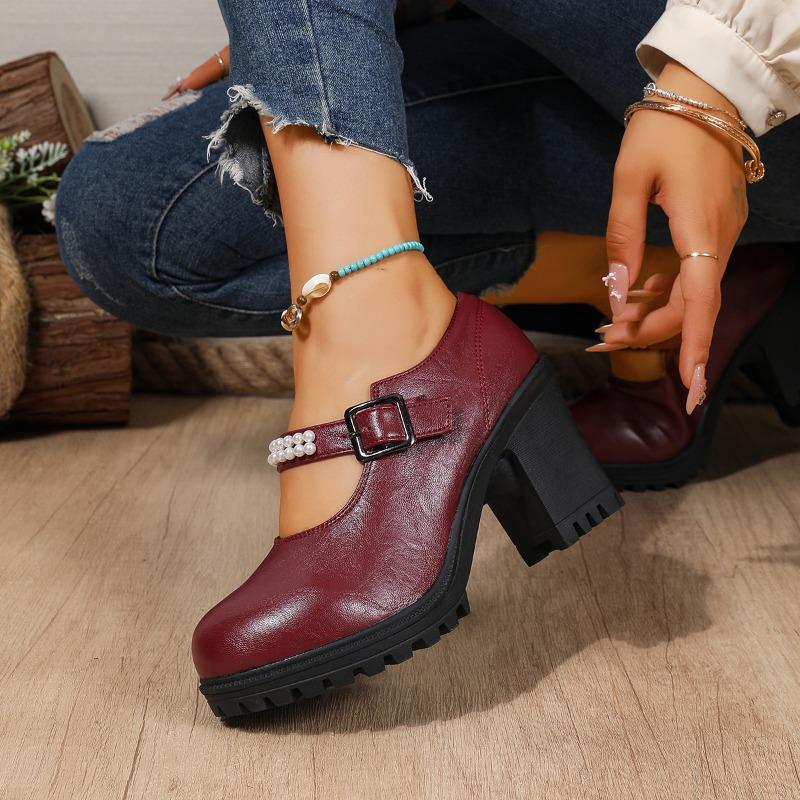 Loafer Autumn New Round Toe Shallow Mouth Metal One Strap Platform Non-Slip Wear-Resistant Block Heel High Heels