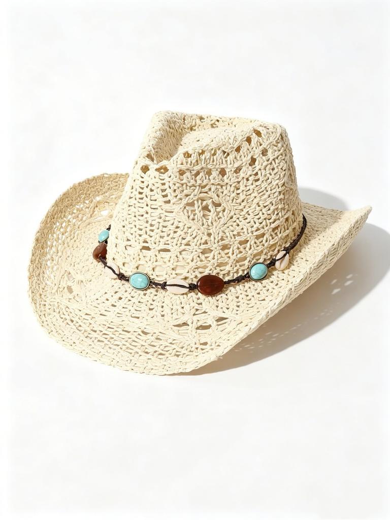 Spot Hollow Woven Beaded Accessories Western Cowboy Hat Cowboy Hat European and American Vacation Sunscreen Straw Hat