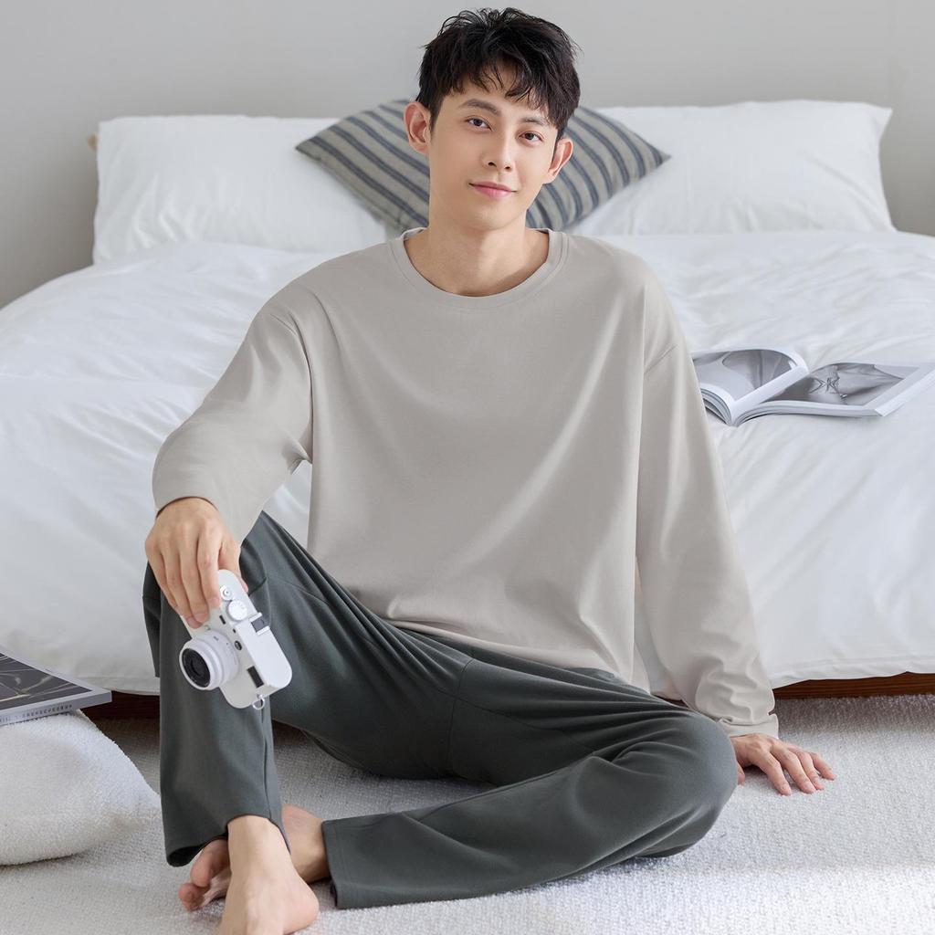 Men's Plus Size Pure Cotton Long-Sleeve Pajamas - Spring & Autumn Style for All Ages