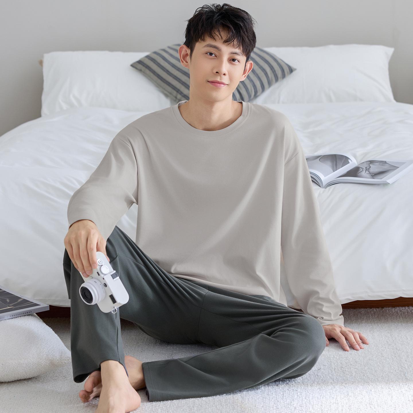 

Мужской повседневный хлопковый пижамный комплект - С длинным рукавом, Длинные брюки, Свободный крой, Большой размер для весны, осени, зимы 2XL