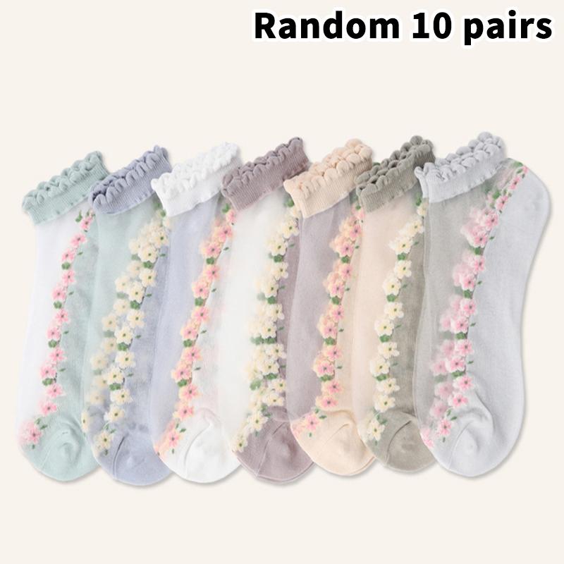 

10Pairs Sweet Breathable Short Socks Cute Short Floral Socks For Women Girls Spring Summer Thin Boat Socks Gifts