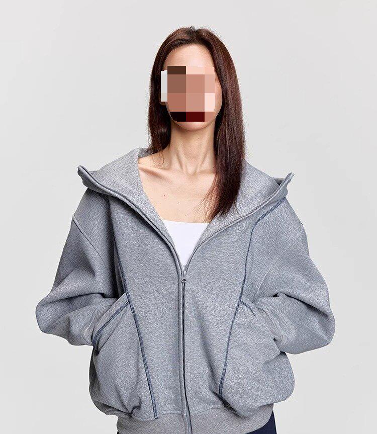 Unisex Trendy Heavyweight Hooded Cardigan with Contrast Stitching