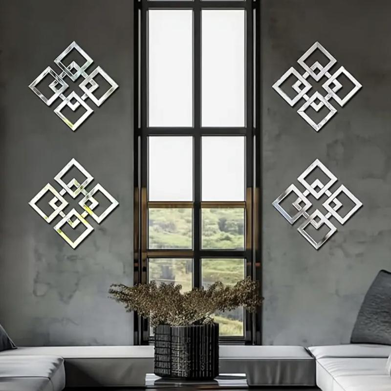 4Pcs 3D Acrylic Mirror Stickers Geometry Hollow Pattern Modern Room Bathroom Decor Diy Wall Decoration Supplies