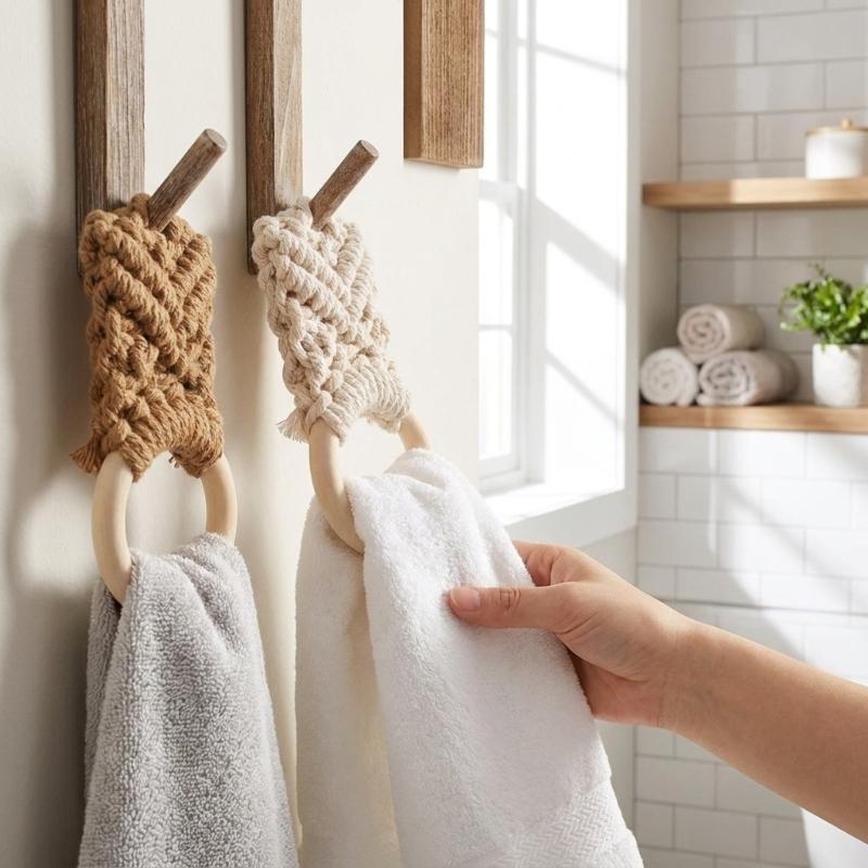 2 Pack Elegant Wooden Cotton Rope Towel Rings Hand Woven Bathroom Accessories For Home Decoration
