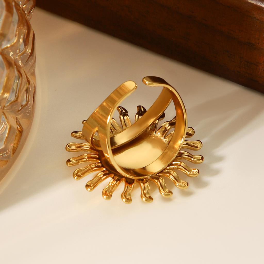 18k Gold Plated Stainless Steel Sunflower Open Ring for Women, Non-fading Versatile Titanium Steel Ring