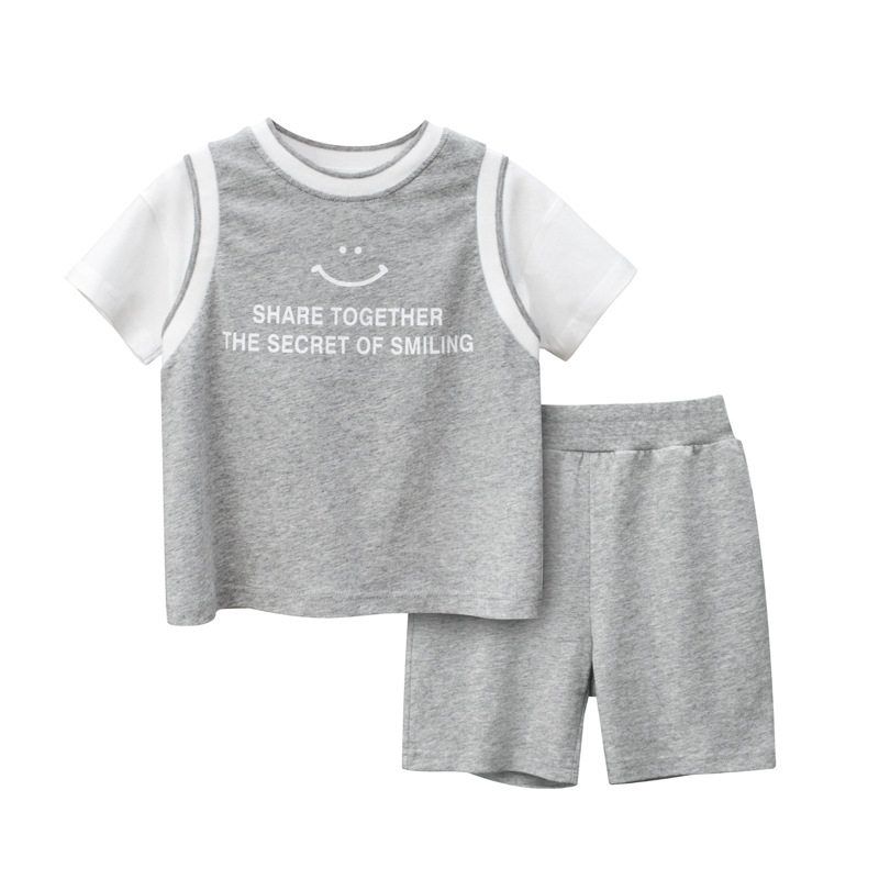 Fake Two-Piece Kids Summer Short Sleeve T-shirt Flower Gray 110