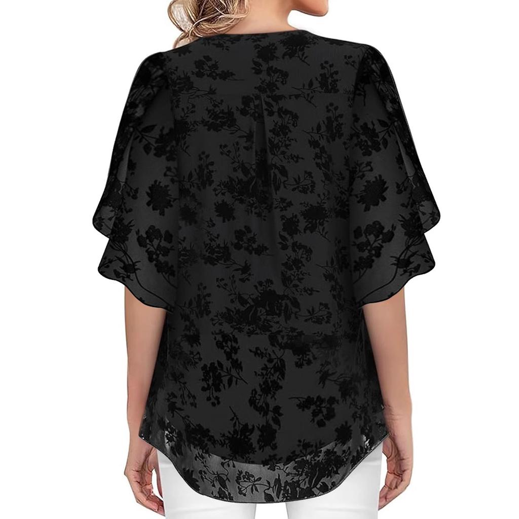 Double-layer Flocking Elastic Mesh Women's Summer Three-quarter Flared Sleeve Cinched Waist V-neck Top