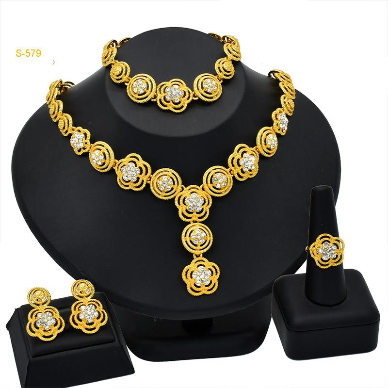 Dubai Jewelry 24k Gold Plated Bridal Jewelry Set Necklace Earrings Middle East Dubai Gold Wedding Jewelry Four-piece Set