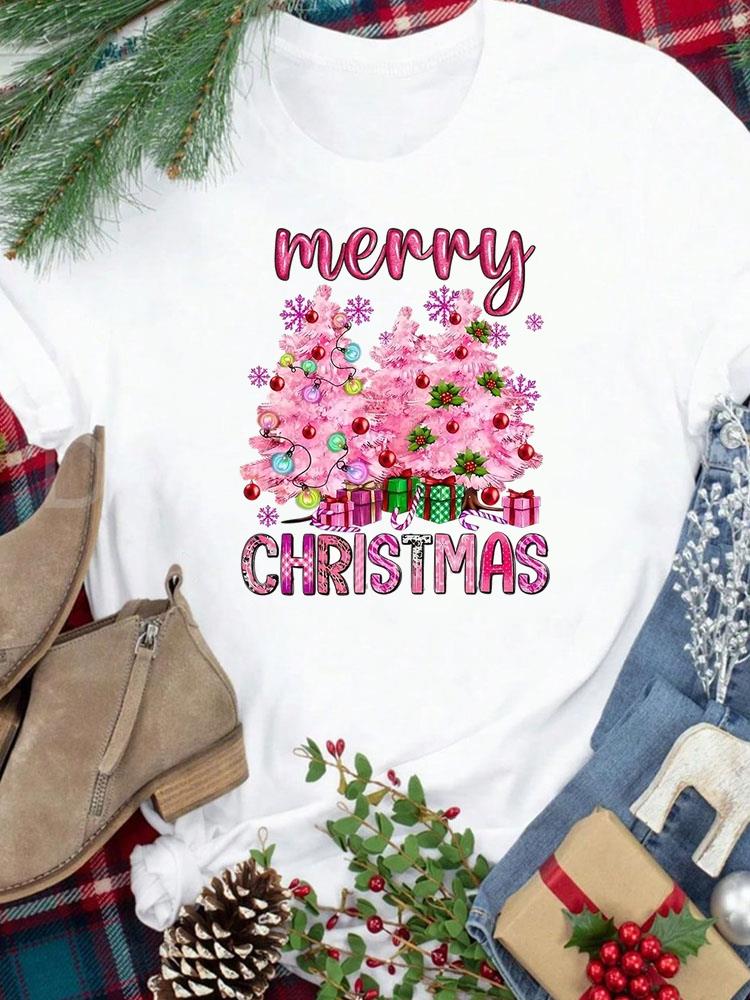(Asian Size) star trend cute New Year festival Women Print Holiday Tee Top  Merry Christmas Casual Lady Short Sleeve Fashion Graphic T-shirts