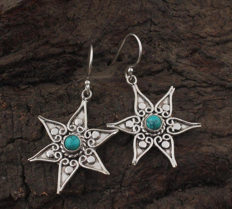 

Solid 925 Sterling Silver Turquoise Round Gemstone Boho Designer Dangler Earring Charm Jewelry Gift For Her
