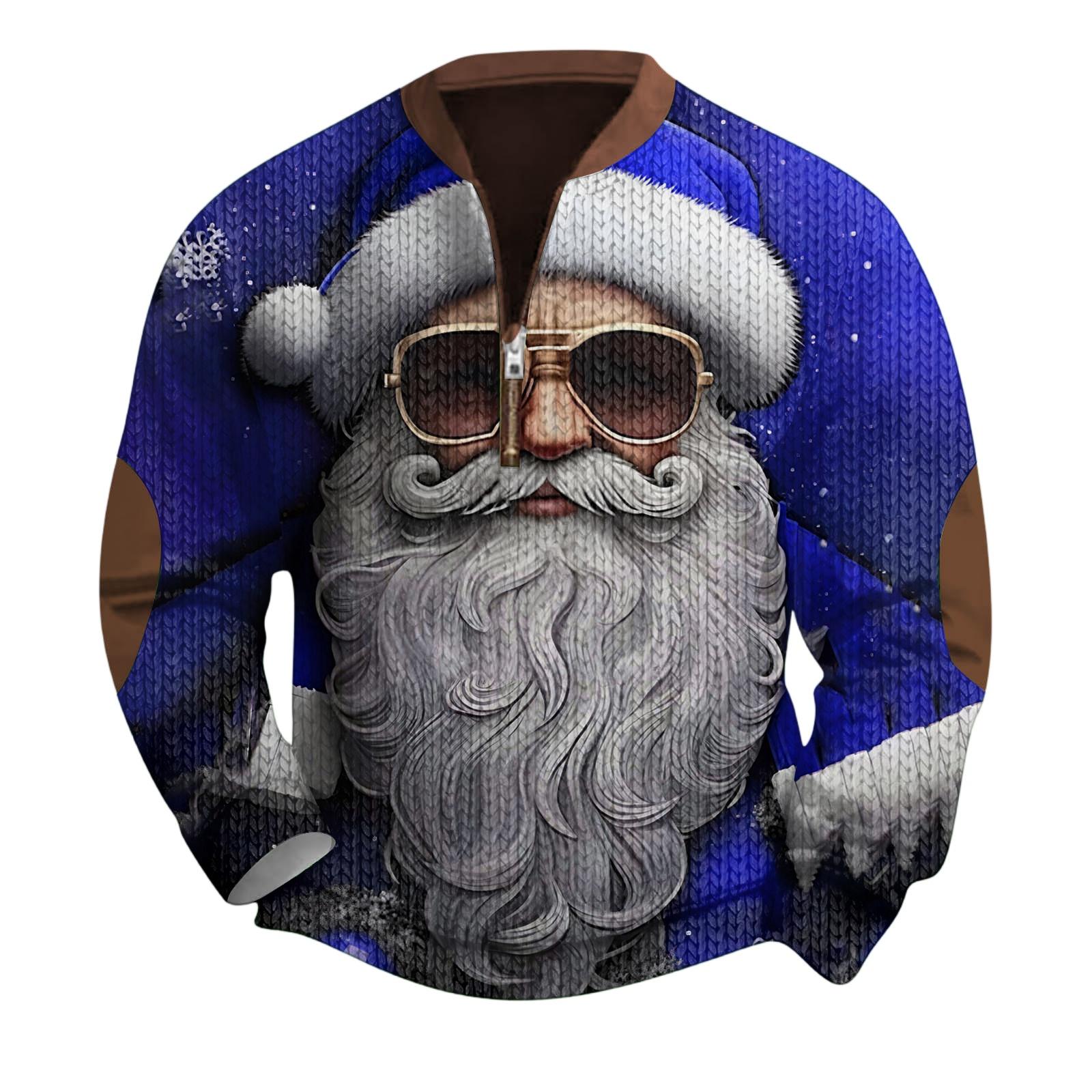 

Мужской рождественский свитер на молнии, винтажный вязаный графический свитшот, рождественский пуловер со стойкой L синий