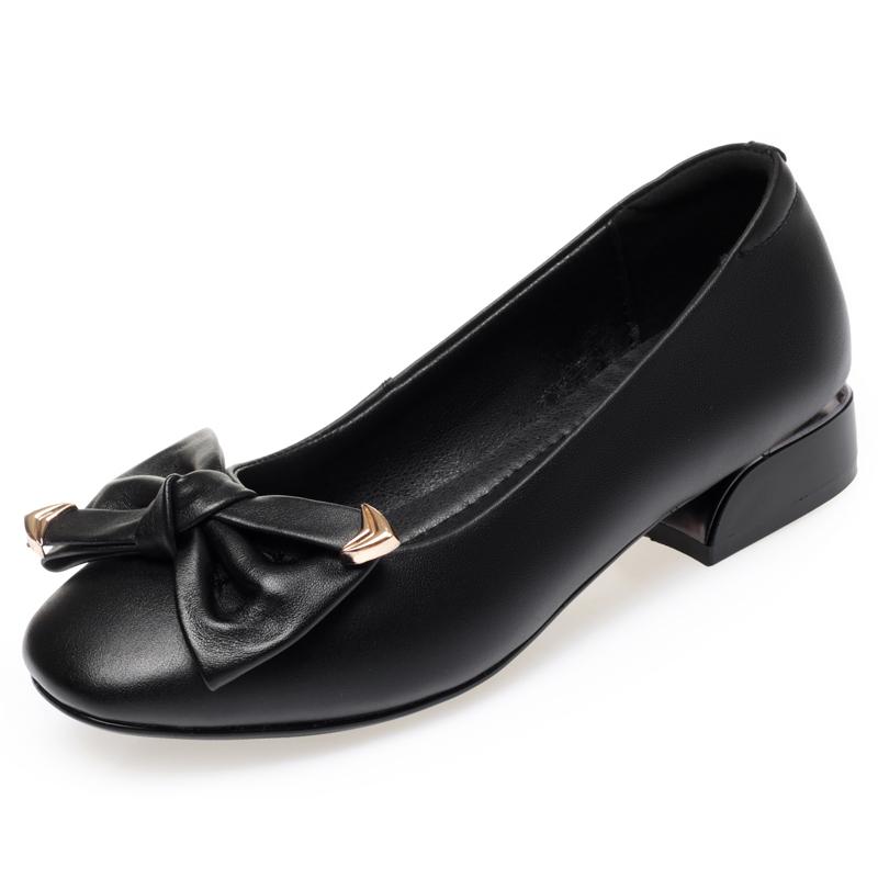 Dámské jarní boty pravá kůže na středním podpatku červené boty ženy s kulatou špičkou mělká mašle Dámské boty