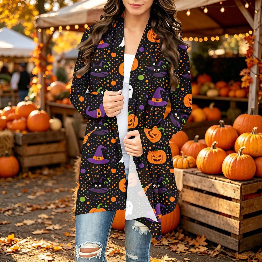 Damen Trendy Halloween-Print Langarm-Strickjacke Pullover für Lässige Herbstmode