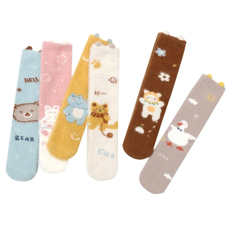 Autumn Winter Sweet Stockings Bowknot Imitation Mink Socks Winter Plush Warm Home Sleeping Socks Cartoon Cute Furry Tube Socks