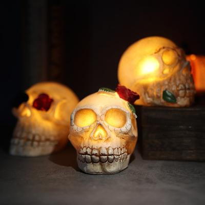 Glowing Skull Lights Skeleton Head Statue Ornament With Rose Led Decorations Lamp Halloween Horror