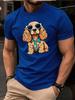 Unisex Royal Blue Cotton Tee Cool Spaniel Dog Sunglasses Tie Graphic Short Sleeve Loose Street Top For Pet Loving Young Adult Males