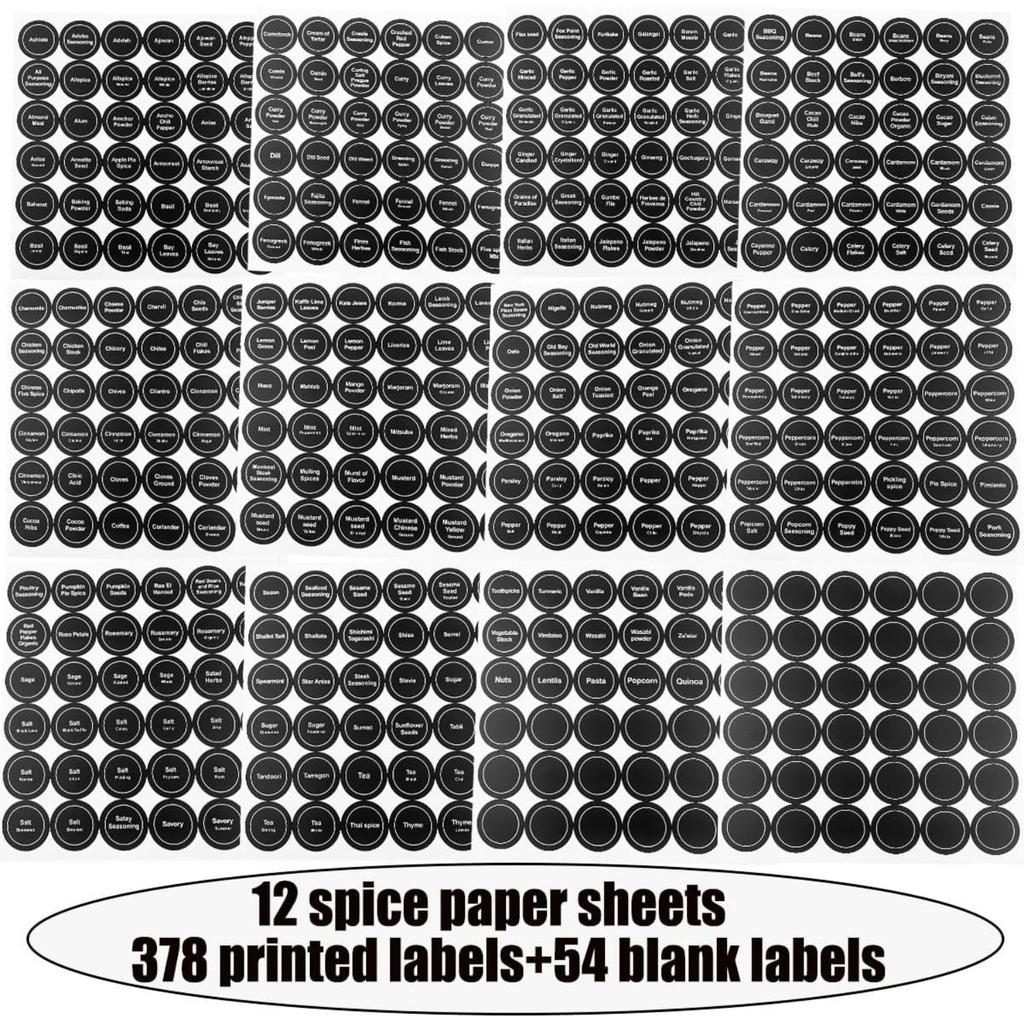 Spice Labels, 432Pcs Spice Labels Stickers 1.4in Waterproof Adhesive Round Preprinted Spice with Blank Label Black Tear Resistant Sticker