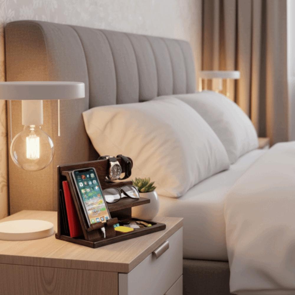 Solid Wood Charging Phone Holder Space Saving Watch Organizer Keychain Wallet Storage Rack Gift