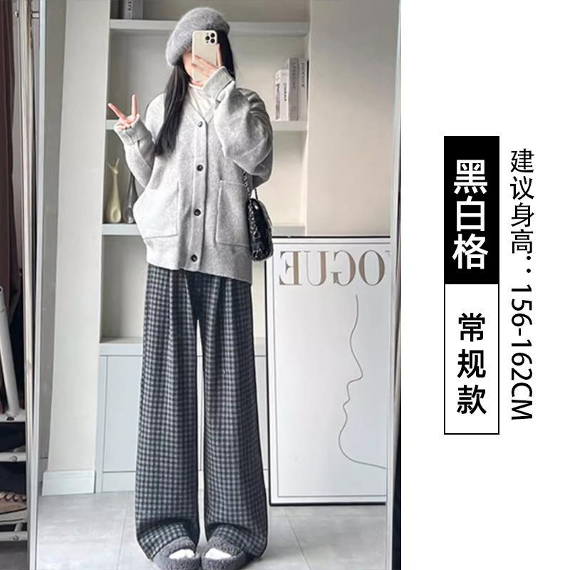 Retro plaid straight wide-leg pants women's autumn new high-waisted lazy loose thickened velvet trousers