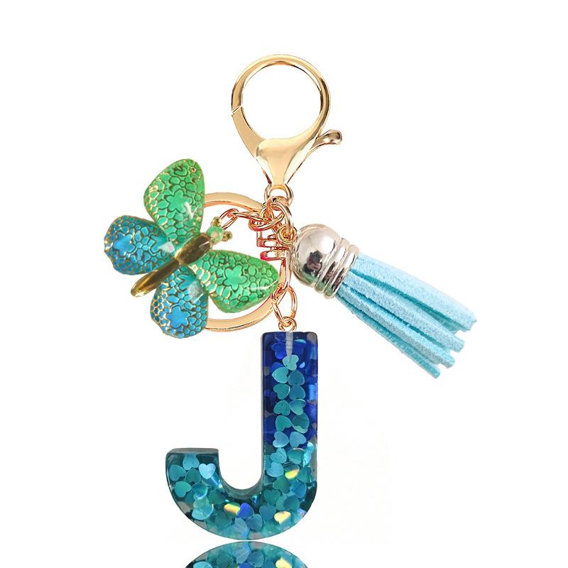 Blue Series 26 Epoxy Letter Keychain Holiday Love Fringe Accessories Gradual Change Butterfly Keychain