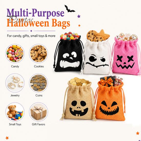 Decorative Gift Packaging 5Pcs Halloween Candy Bags with Drawstring, Funny Ghost Pumpkin Print Pouches Small Cloth Storage for Party Favors And Trick