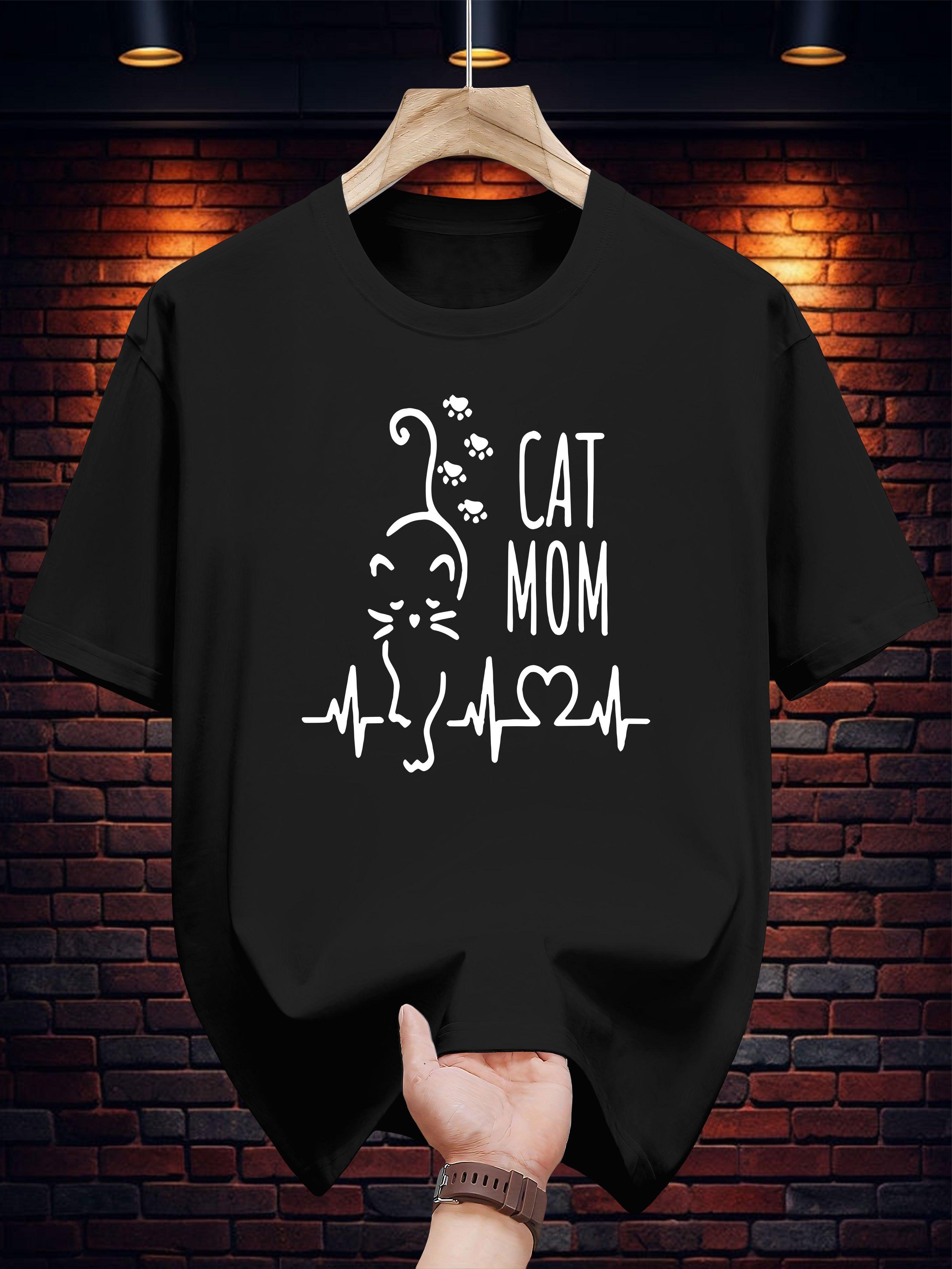 

Cat Mom Graphic T-shirt - Casual & Comfortable Short Sleeve Tee with Heartbeat Line Design M