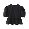 Women Summer Casual Cropped Tops O-neck Puff Short Sleeve Pullover Tops Ruffle Hem Back Lace-up Solid Color Thin Tees