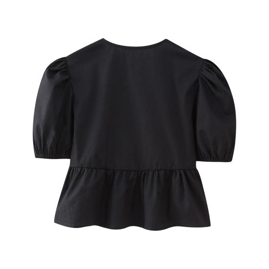 Women Summer Casual Cropped Tops O-neck Puff Short Sleeve Pullover Tops Ruffle Hem Back Lace-up Solid Color Thin Tees