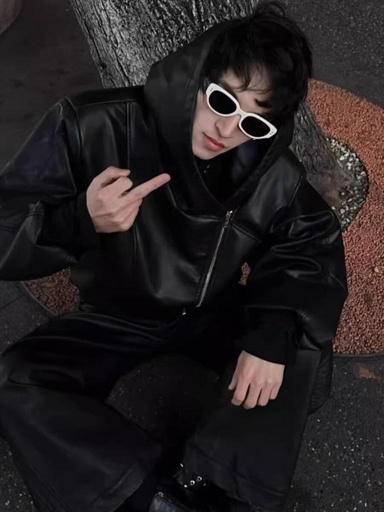 Men's Trendy Black PU Leather Hooded Jacket with Oblique Zipper - Korean Style for Spring and Autumn