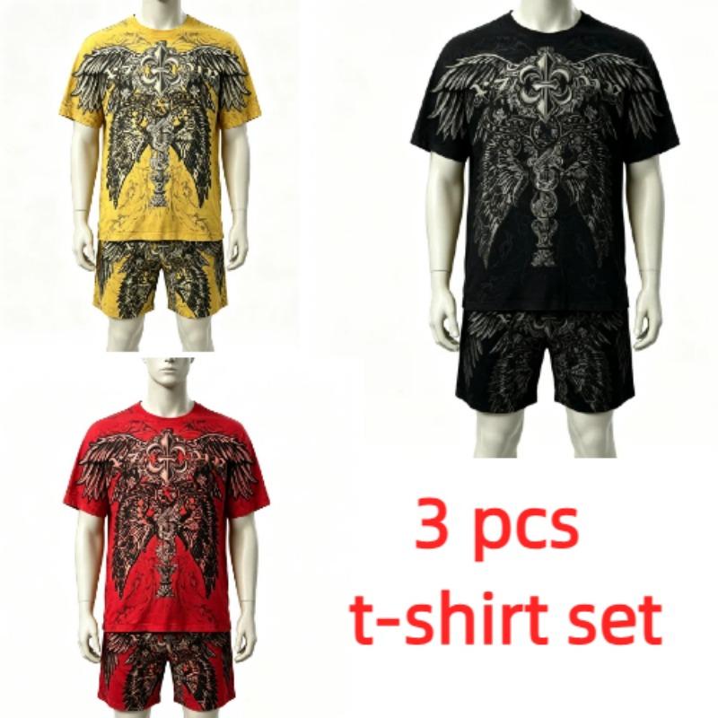 Fashion Summer Casual Retro Angel Wing Printed Round Neck Short Sleeved T-Shirt And Shorts Set Men's and Women's T-shirt Shorts Set