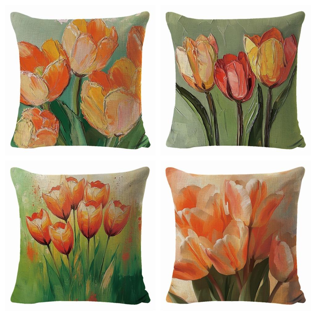 New Spring Festive Flower Linen Cushion Cover JIT Pillow Set of Four with Label
