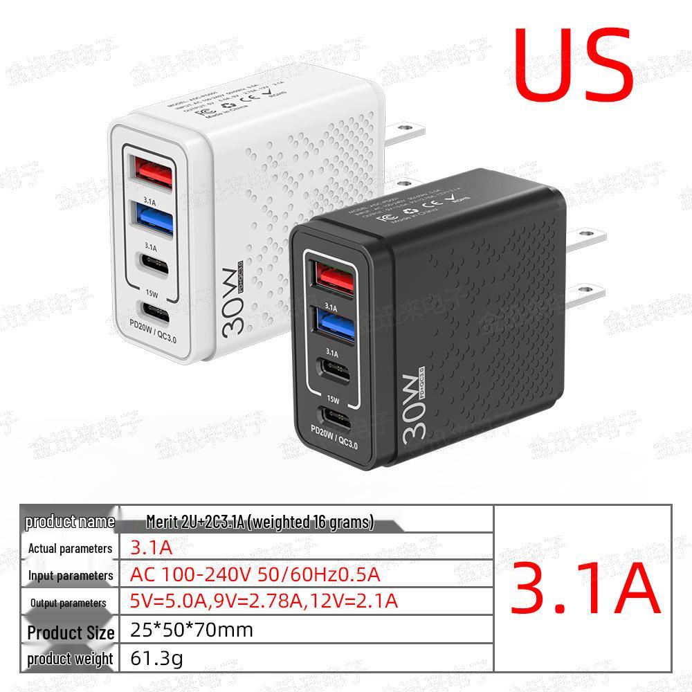 30W Multi-Port Phone Charger with QC3.0 Fast Charging, EU/US/UK Standard