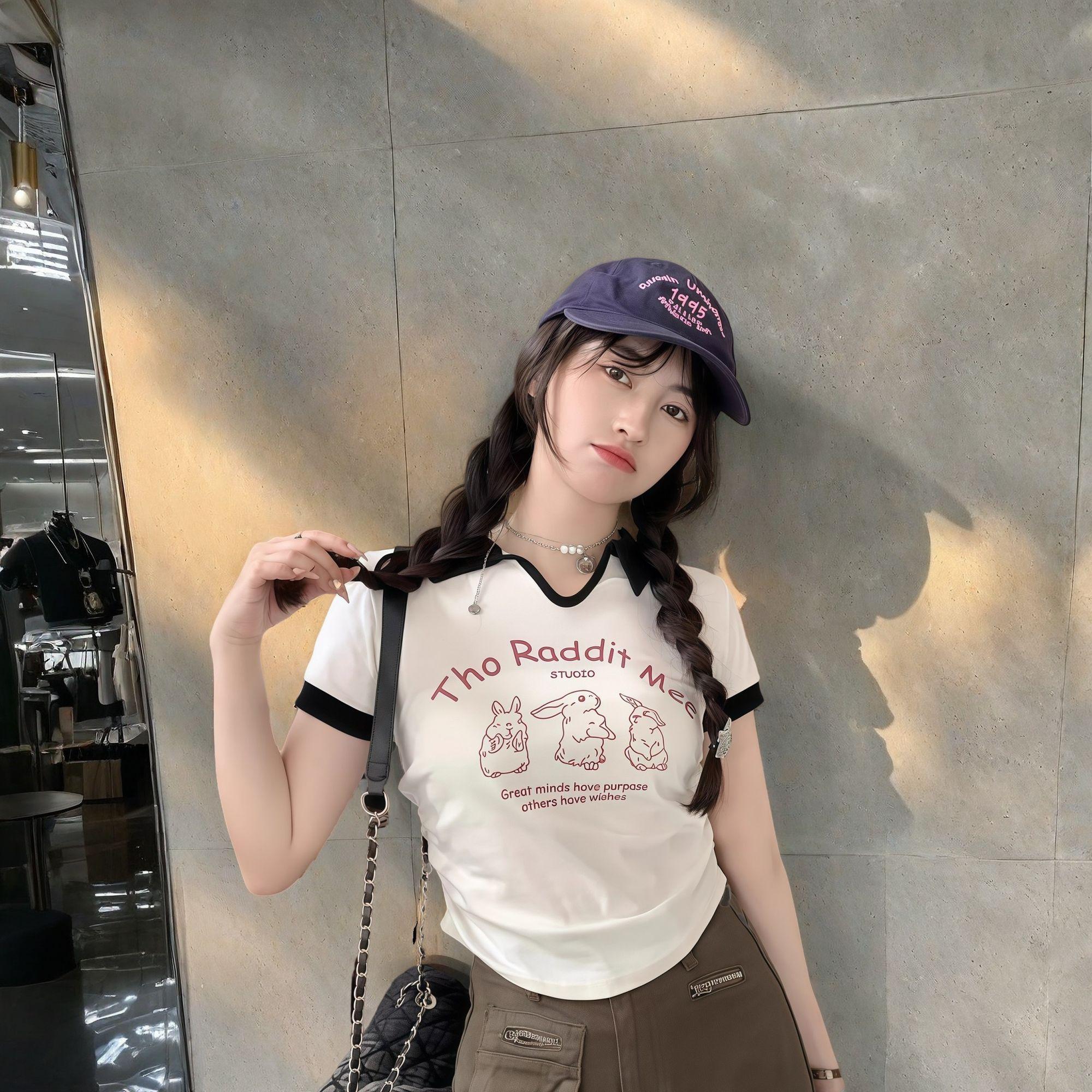 

Girls Y2K T-shirs Printed Black White Short Sleeve Polo Tees For Women Sexy Casual T-shirts XL