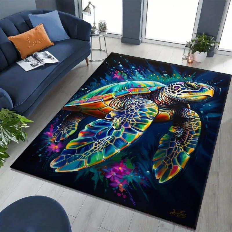 Colorful Turtle Area Rug Ocean Themed Room Rugs, Soft Washable Non Slip Ocean Area Rug Ocean Room Coral Rug for Kids Room Mat