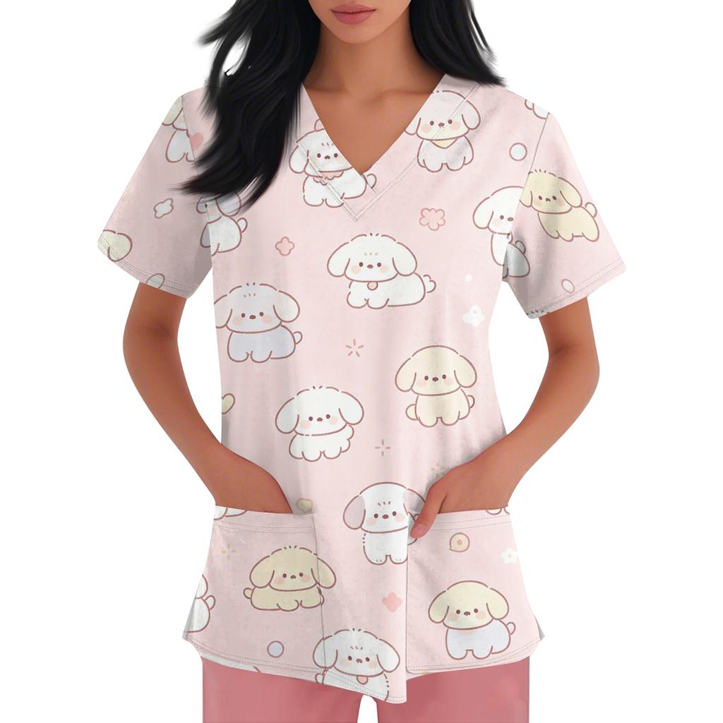 Women's V Neck Short Sleeve Work Top with Pockets Animal Print Medical Uniform Scrub Shirt for Healthcare Professionals Nursing Staff