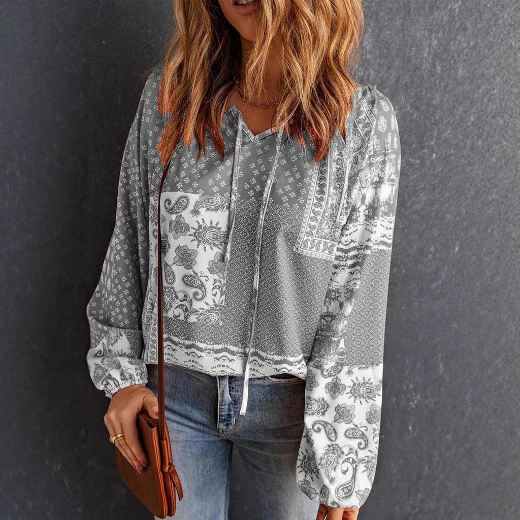 Women V Neck Casual Long Sleeve Floral Print Blouse Loose Fit Lightweight Pullover Top for Everyday Wear